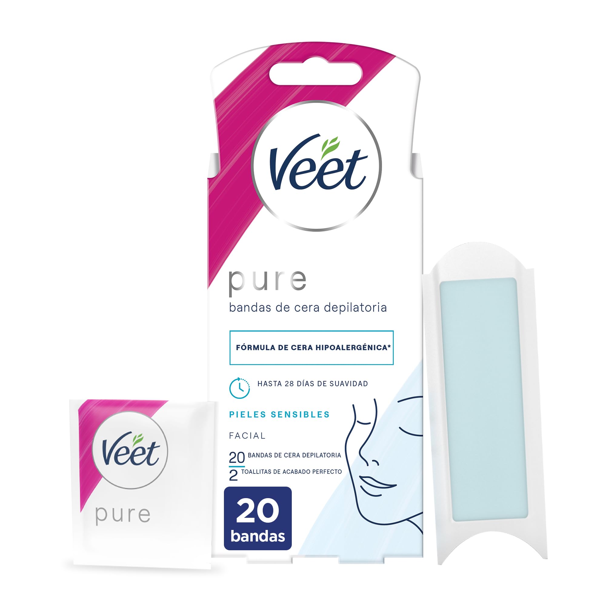 Veet Pure Cold Wax Strips for Sensitive Facial Hair Removal – 20 Strips