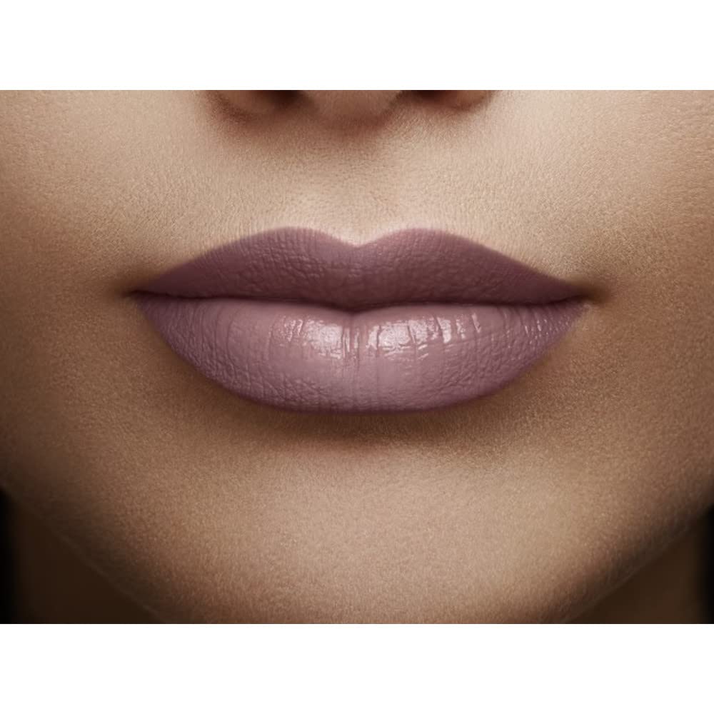 Close-up of a person's lips wearing a mauve lipstick on a neutral background