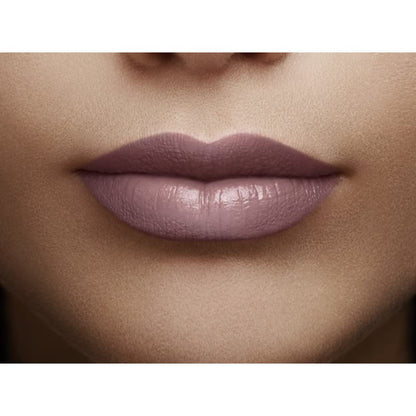 Close-up of a person's lips wearing a mauve lipstick on a neutral background